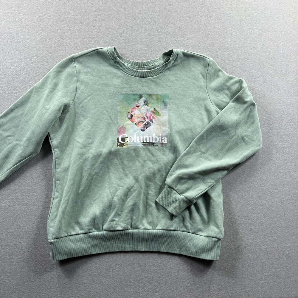 Columbia Sweatshirt Womens Medium Green Fleece Pullover Crewneck Logo Graphic
